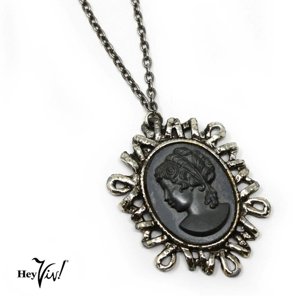 Vintage Large Black Cameo Necklace Chunky Abstract Pendant 24" Chain - Hey Viv - Picture 1 of 7